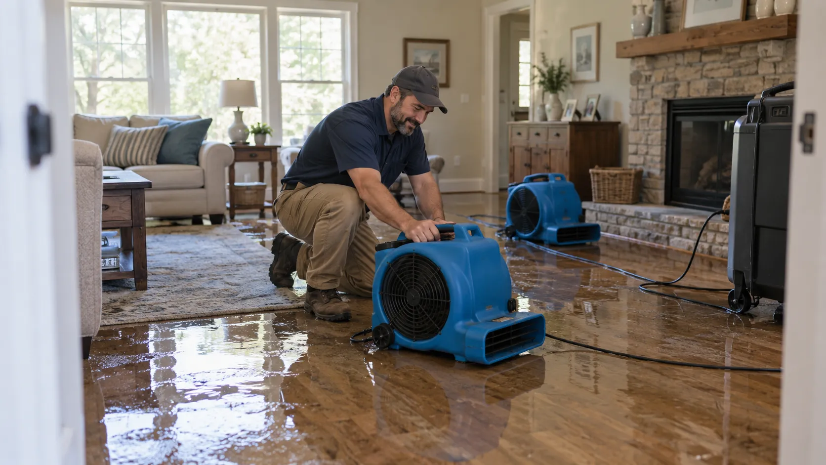 Water damage restoration technician drying a flooded living room in Denver